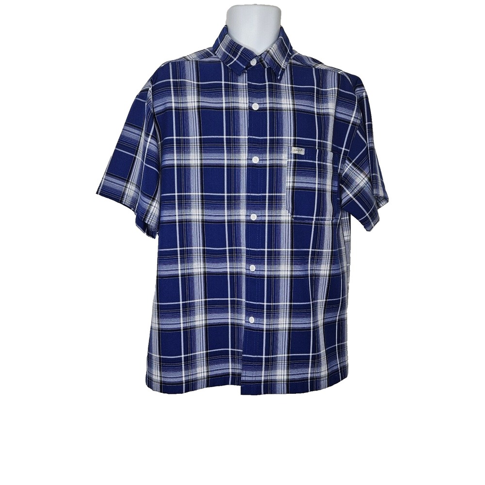 CALTOP White Royal Blue Shirt Short SLEEVE Button Front Vintage Men Medium M